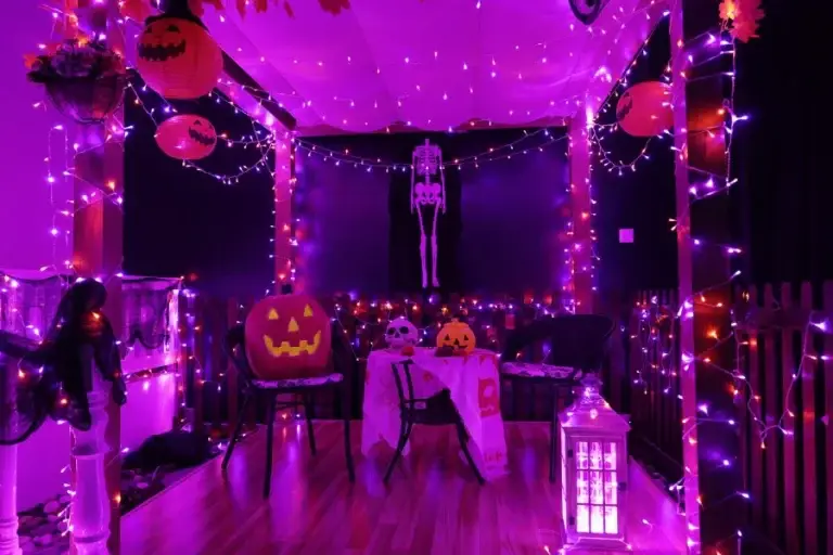 Halloween lights, skeletons and props